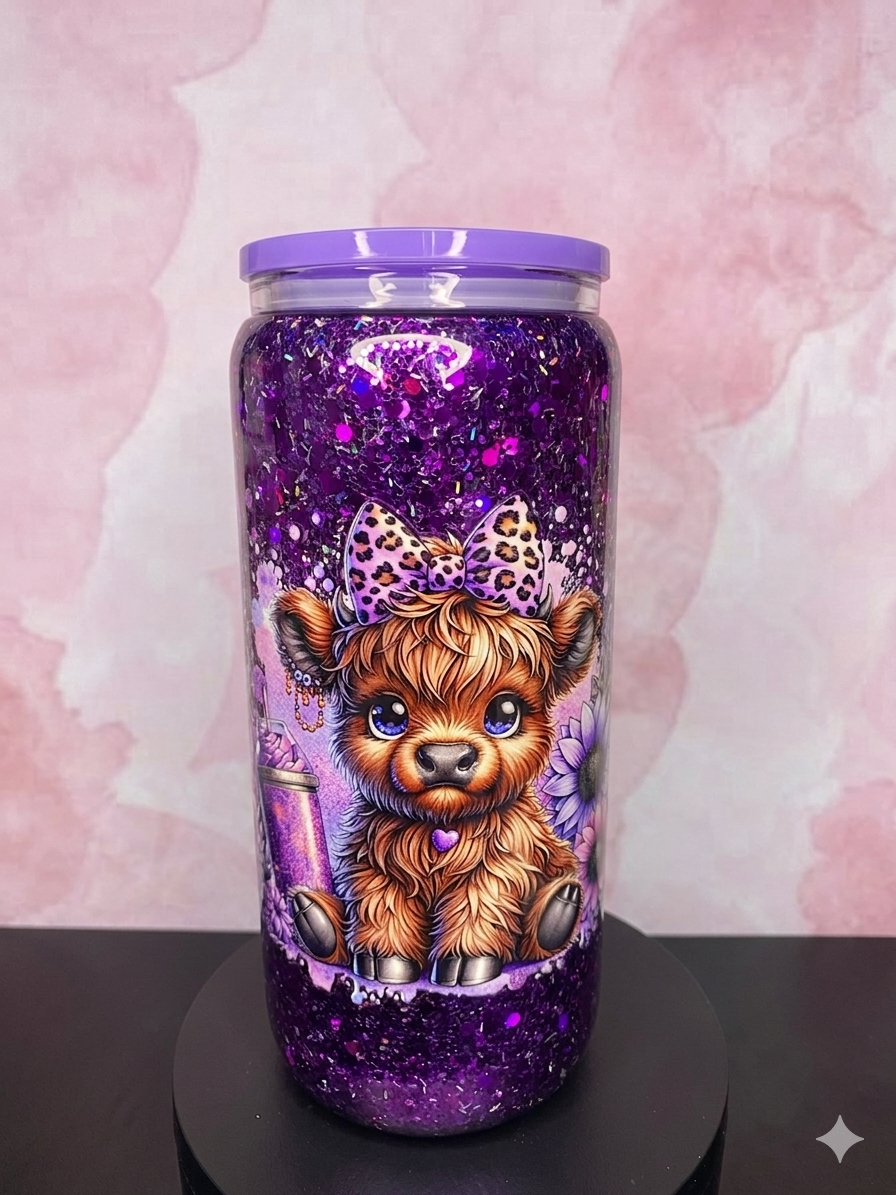 Highland Cow Leopard Bow Purple Glitter Premade Snow Globe Cup – Ready to Ship