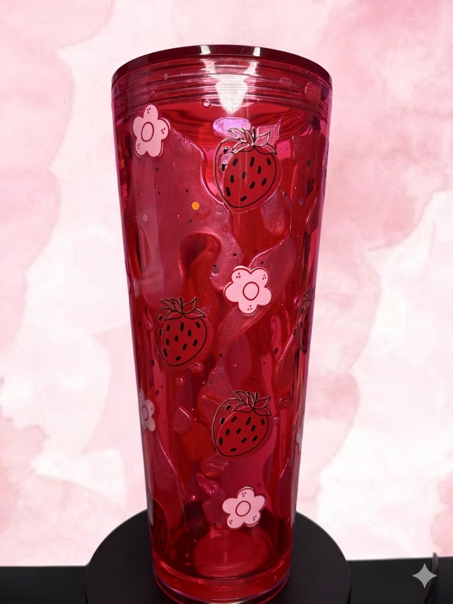 Strawberry & Flowers Lava Effect Premade Snow Globe Cup – Ready to Ship