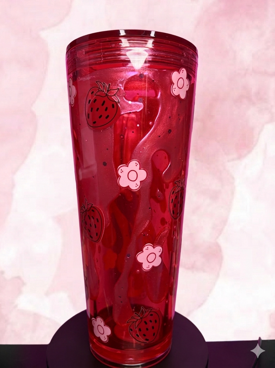 Strawberry & Flowers Lava Effect Premade Snow Globe Cup – Ready to Ship